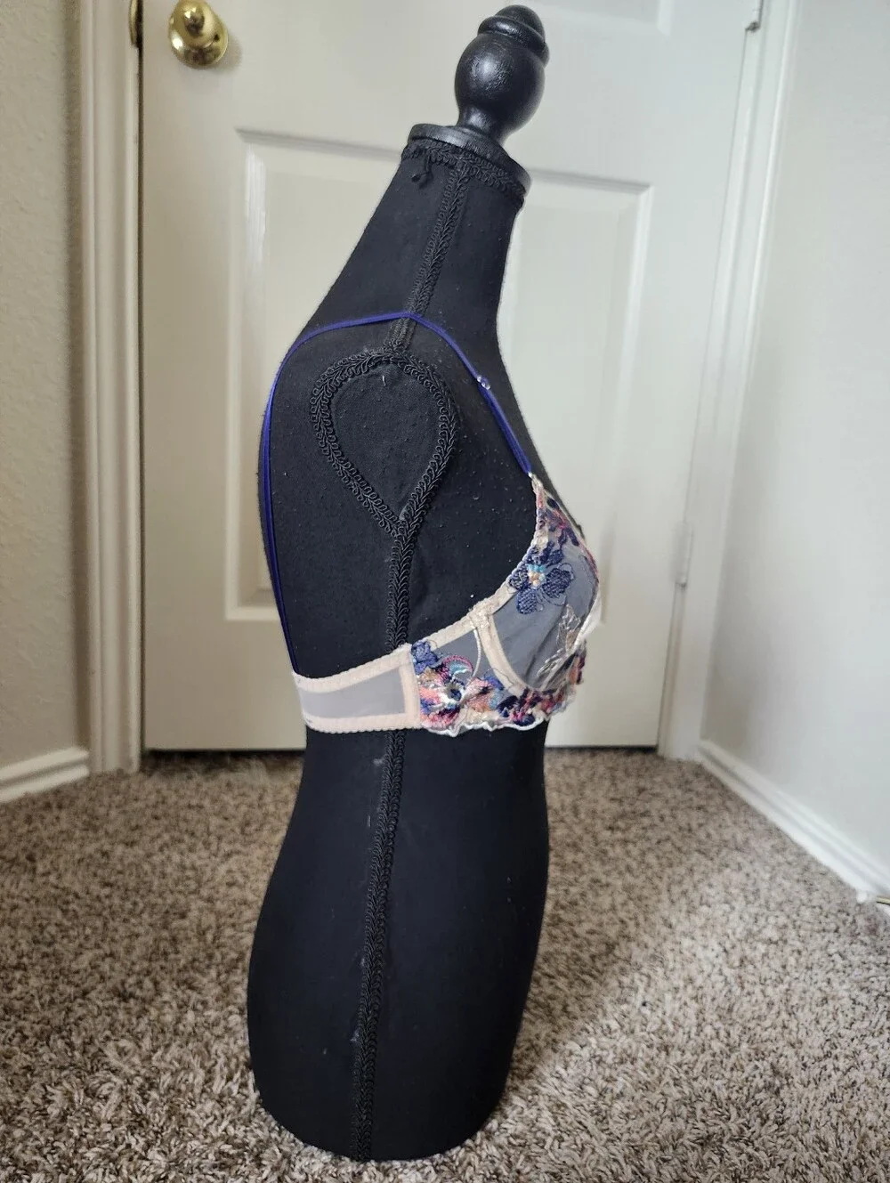 Floral Embroidered Lace Bra - Navy & Multi